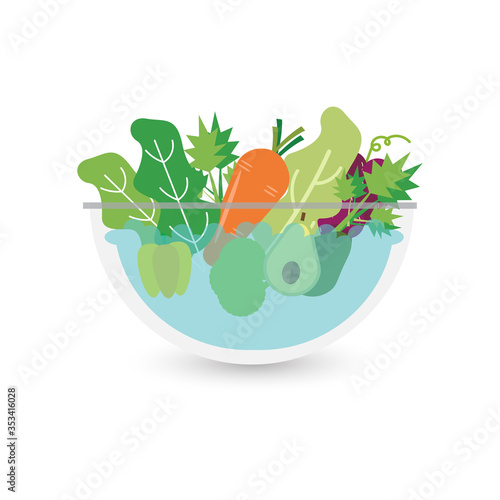 Clean vegetables for cooking. Vegetables in water in bowl. Vector illustration.