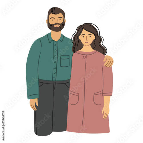 husband and wife family. Couple standing together and cuddling. Man and woman are hugging. Flat cartoon characters isolated on white background. Colored vector stock illustration.
