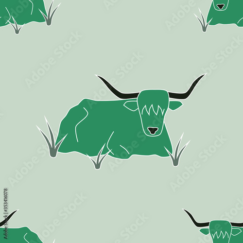 Seamless repeat pattern of beautiful green Highland Cow with horns on a pale background.  Tile, wallpaper, fabric design.