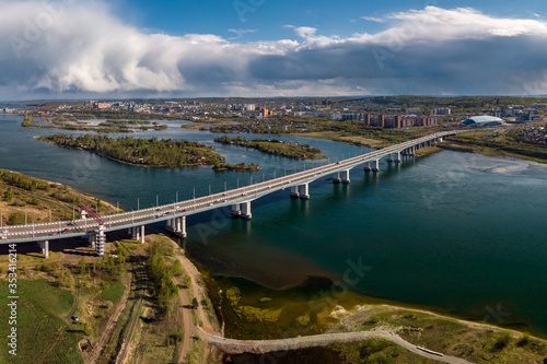 Aerial view of the Academic Bridge over the Angara in Irkutsk