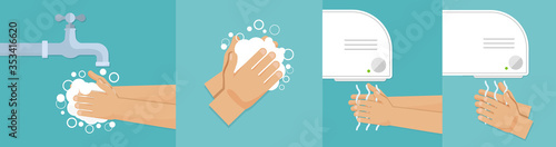 Washes hands and drying hands. Vector illustration