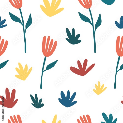 Fototapeta Naklejka Na Ścianę i Meble -  Cute seamless background with flowers and leaf in naive style. Spring and summer abstract wallpaper with geometric shape and leaves. Hand drawn nature backdrop in scandinavian style. Vector