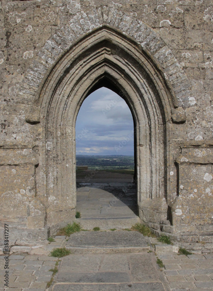 The doorway of St Michael's church on the top of Glastonbury Tor in Somerset, United Kingdom