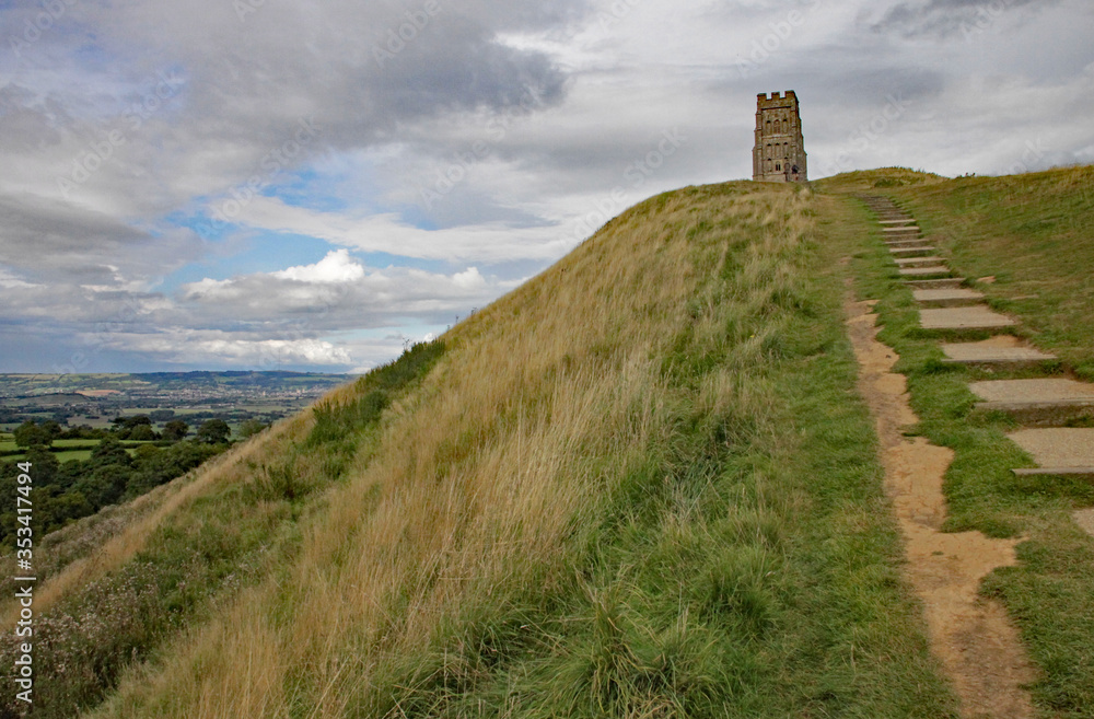 Approaching St Michael's church tower which stands on the top of Glastonbury Tor in Somerset, United Kingdom