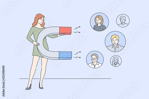 Business, digital marketing, promotion, advertising concept. Young businesswoman cartoon character attracting customers with big magnet. consumer client relationship management pr strategy campaign.