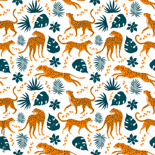 Seamless Bright Pattern with Leopard Animal and Bright Tropical Leaves in Vector