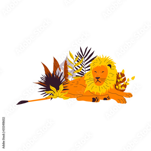 Lion Animal King Lying Among Leafy Foliage Vector Illustration
