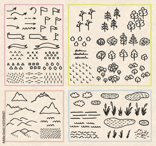 Set with thematic sets of cartographic symbols. Vector illustration with hand-drawn elements for a map. Doodles in the style of line art and flat.