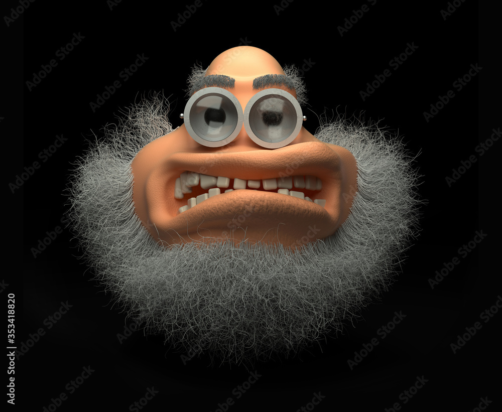 3d render of abstract cartoon character of crazy angry doctor professor  with white grey clunky beard and old school metal glasses with scratches on  black background Stock Illustration | Adobe Stock
