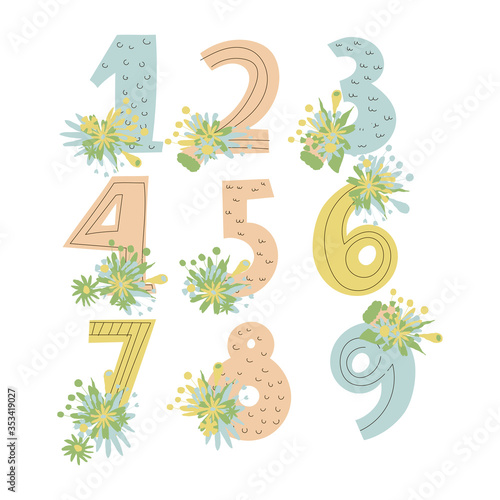 Numerals or Numbers with Bunch of Flowers Rested on Figure Edges Vector Set