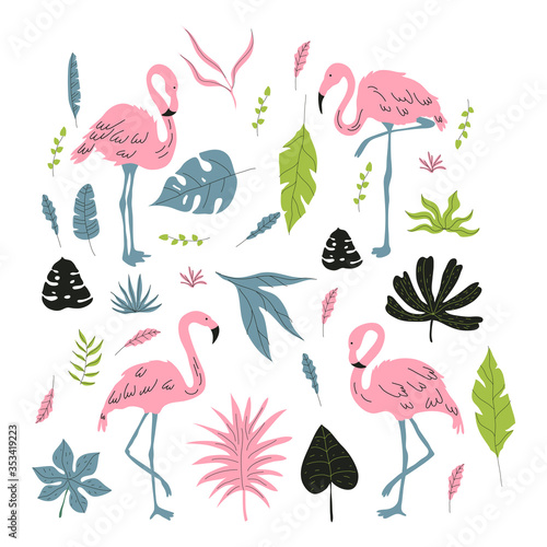 Pink Flamingo Standing in Different Poses Among Exotic Leaves Vector Set