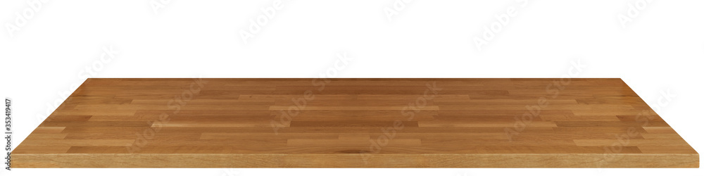Perspective view of empty massive wood or wooden table top isolated on white background including clipping path