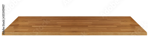 Perspective view of empty massive wood or wooden table top isolated on white background including clipping path