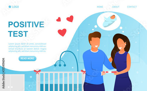 Happy young couple gets a Positive Pregnancy Test result. An attractive family is expecting a baby. The future parents arranged a children's room. Husband and wife dream of having a baby. Flat Vector