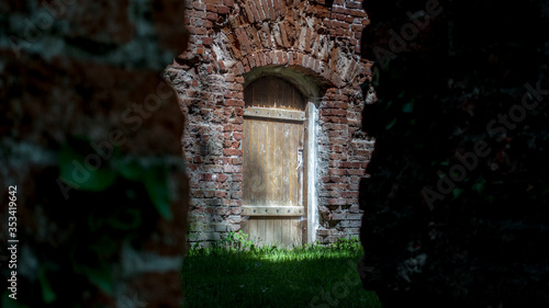 Fototapeta Naklejka Na Ścianę i Meble -  Tajemnicze drzwi w starych ruinach