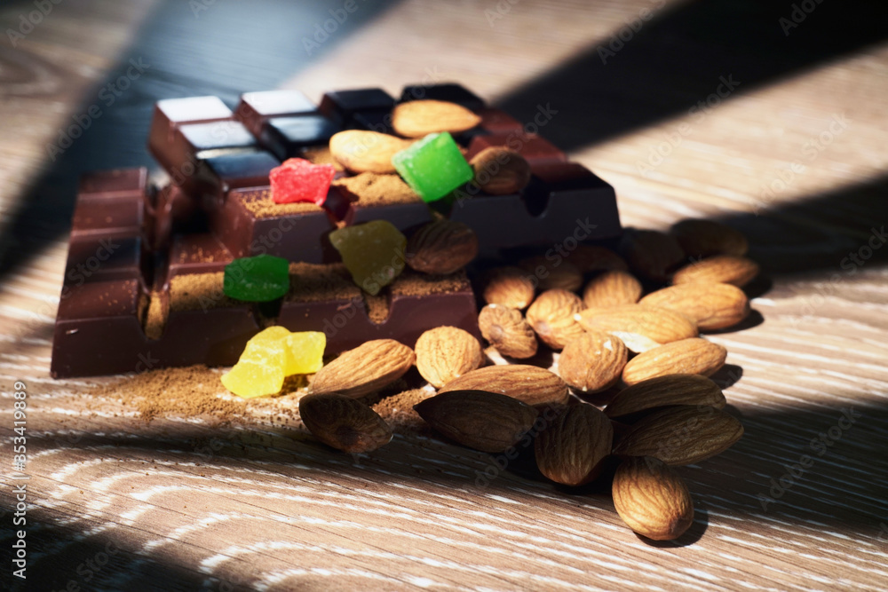 Chocolate with nuts close-up narrow zone of sharpness Chocolate with nuts close-up narrow zone of sharpness