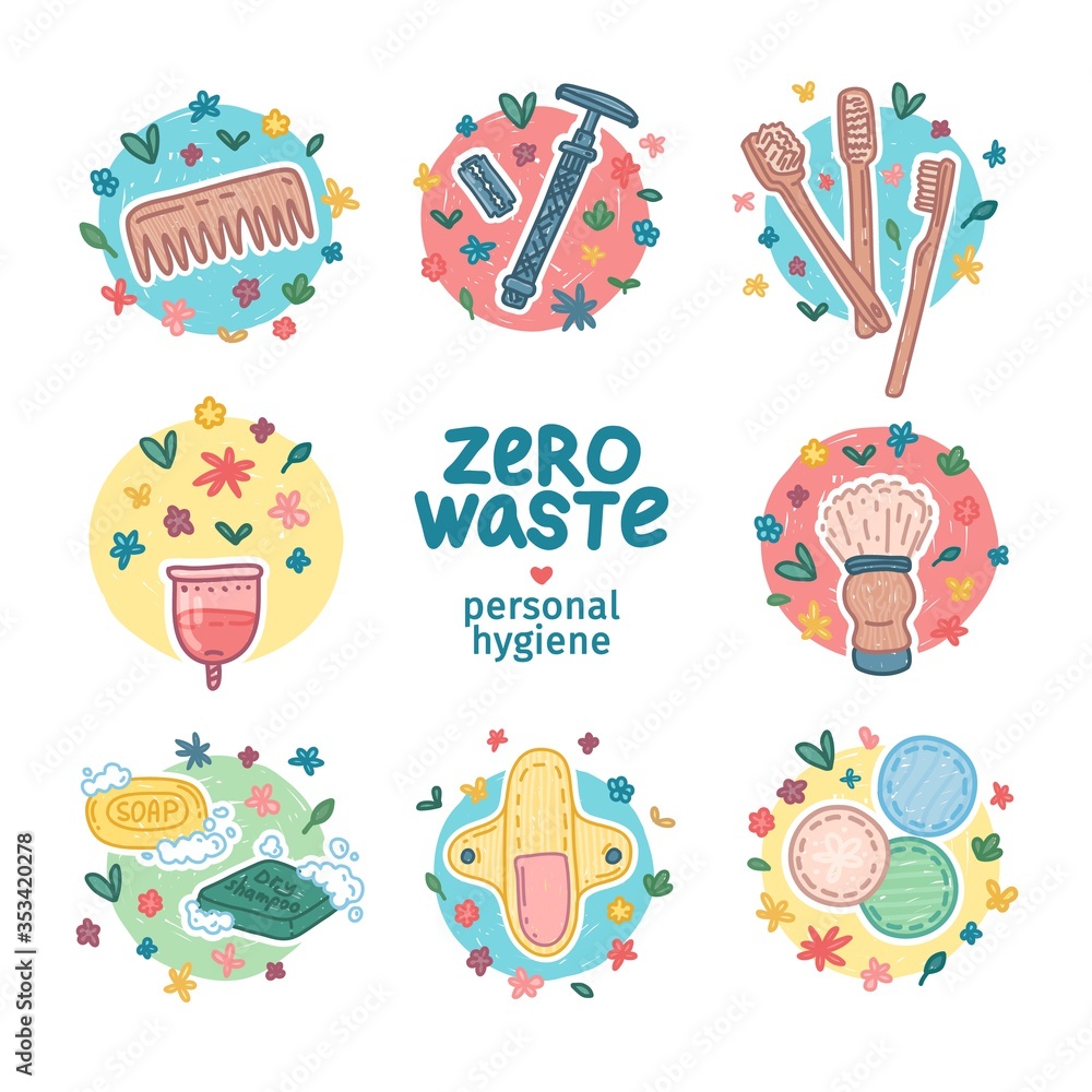 Zero waste hygiene kit design. Eco friendly icon concept with recyclable and reusable products for shopping. Zero waste personal care lifestyle elements. No plastic. Cartoon doodle style. Vector.