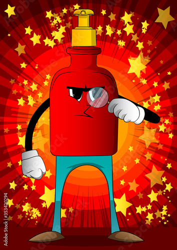 Cartoon Bottle of hand sanitizer gel with angry face holding a magnifying glass, Expressions vector.