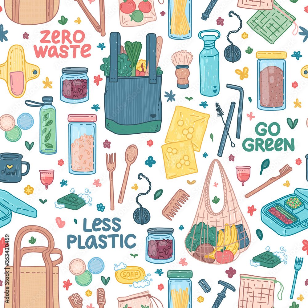 Zero waste seamless background. Eco friendly wallpaper concept with  recyclable and reusable products. Backdrop with zero waste lifestyle  elements. No plastic. Cartoon doodle style. Vector. Stock Vector | Adobe  Stock