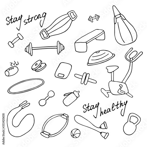 Simple icons of sports goods and accessories. Fitness at home, home workout. Hand drawn vector illustration