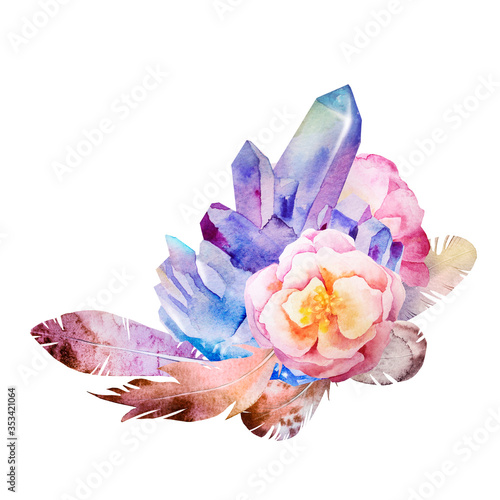 Boho composition of hand painted watercolor flowers roses, feathers and violet crystal in rustic style. Rustic illustration perfect for floral design projects