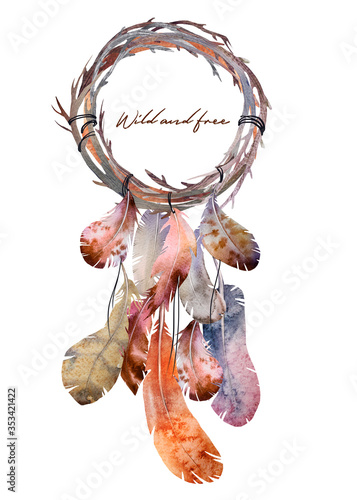 Watercolor illustration. Dreamcatcher. Boho card perfect for invitations, greetings
