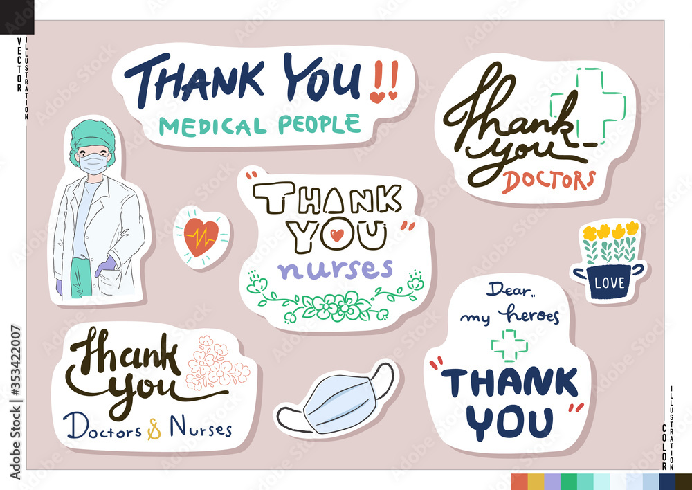 Fototapeta premium Set of thank you medical people stickers. Thank you doctor, Nurses, and all healthcare heroes for fighting the coronavirus and all diseases. Vector illustration for web, print, scrapbook, card, etc.