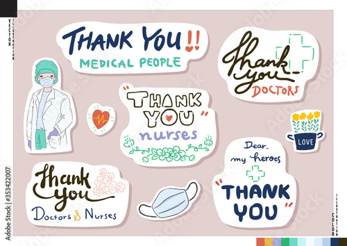 Set of thank you medical people stickers. Thank you doctor, Nurses, and all healthcare heroes for fighting the coronavirus and all diseases. Vector illustration for web, print, scrapbook, card, etc.