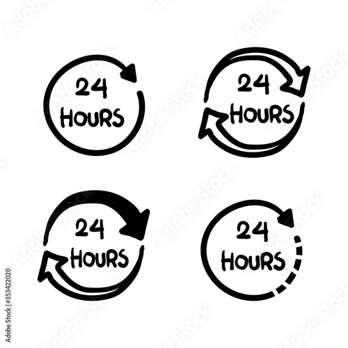 24 hours clock sign icon in hand drawn style. Twenty four hour open vector illustration.Timetable business concept. doodle