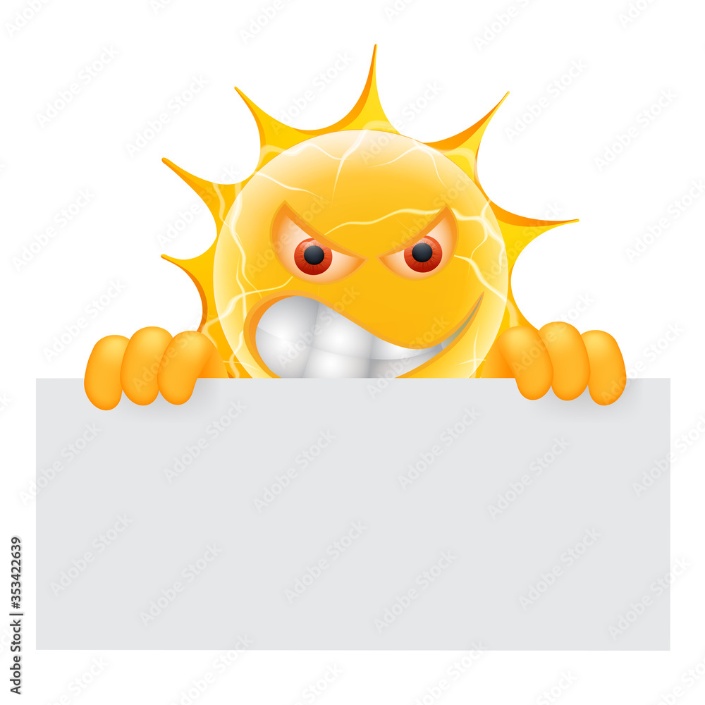 Evil Summer Sun Emoticon. Angry Sun Emoji with Banner Template. Isolated on white background.