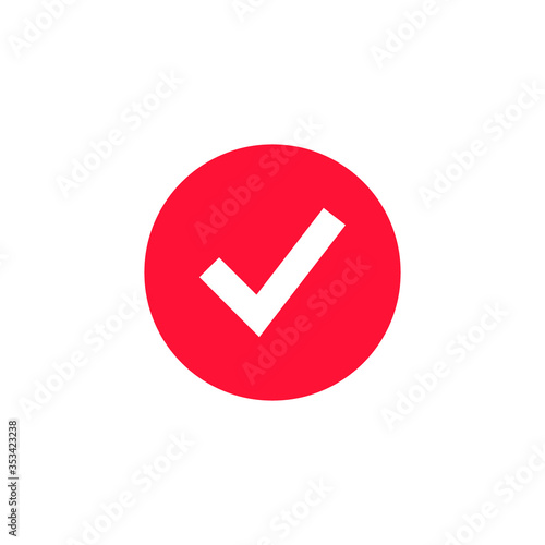 White check box on red circle, emblem, logo, vector illustration
