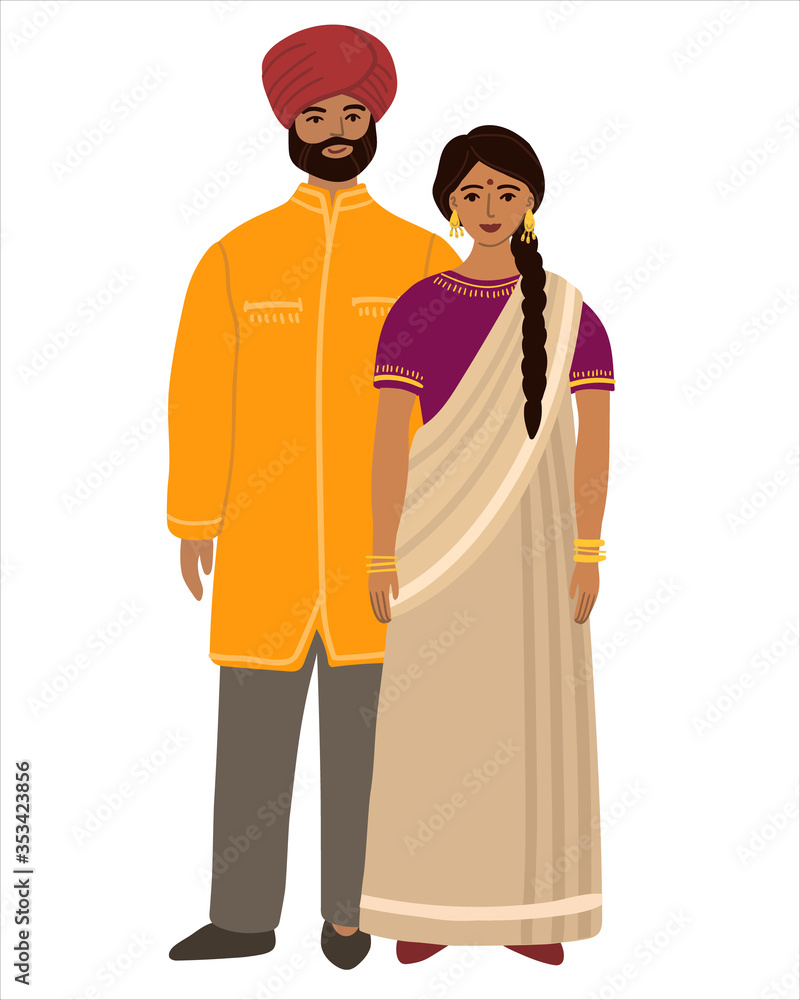 Indians flat husband and wife family. Couple Hindus standing together and cuddling. Indians Man and woman. Flat cartoon characters isolated on white background. Colored vector stock illustration. Indians flat husband and wife family. Couple Hindus standing together and cuddling. Indians Man and woman. Flat cartoon characters isolated on white background. Colored vector stock illustration.