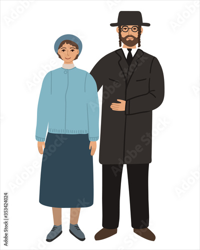 Jews flat husband and wife family. Couple Hindus standing together and cuddling. Orthodox jews Man and woman. Flat cartoon characters isolated on white background. Colored vector stock illustraion.