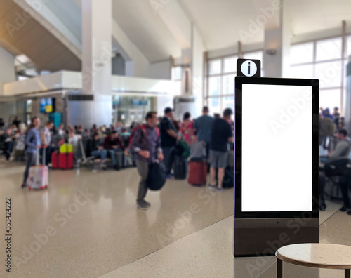 Standalone big screen info kiosk. Digital media blank white screen modern panel  display  signboard for advertisement design in a shopping center and mall. Including clipping path.