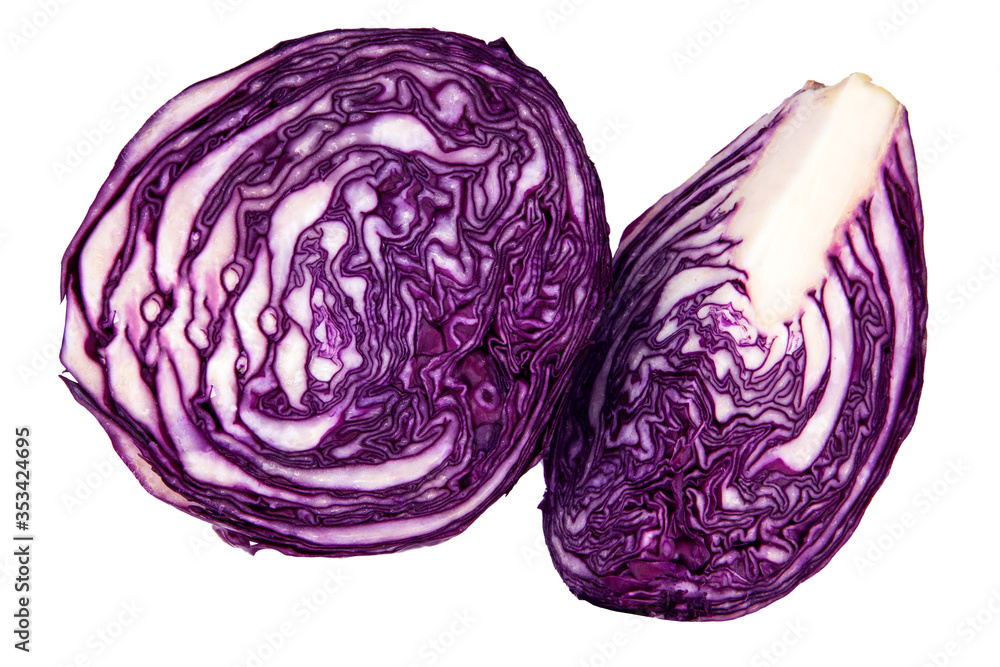 Macro photography of red or purple cabbage cut in half and a quarter, isolated on white background. Fresh raw vegetable, healthy organic food Macro photography of red or purple cabbage cut in half and a quarter, isolated on white background. Fresh raw vegetable, healthy organic food