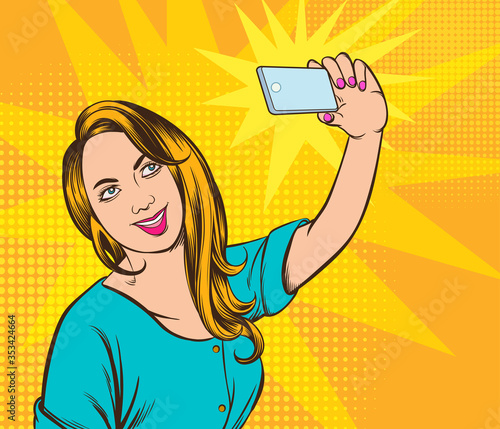 Beautiful young women taking selfie photo on smart phone in social networks media. Pop art vector illustration.images separated from the background