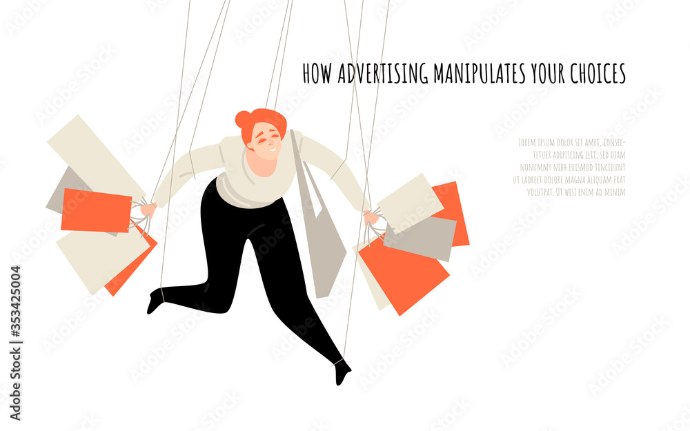 How advertising manipulates your choice. Conceptual illustration with a puppet holding shopping bags. How advertising manipulates your choice. Conceptual illustration with a puppet holding shopping bags.