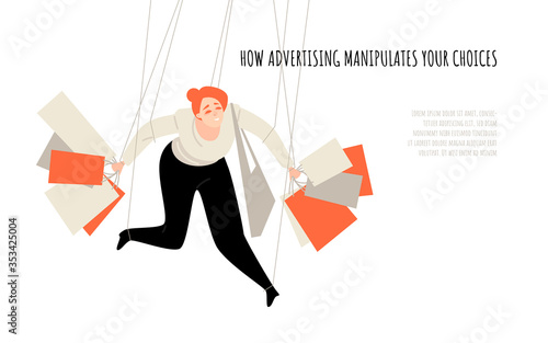How advertising manipulates your choice. Conceptual illustration with a puppet holding shopping bags.