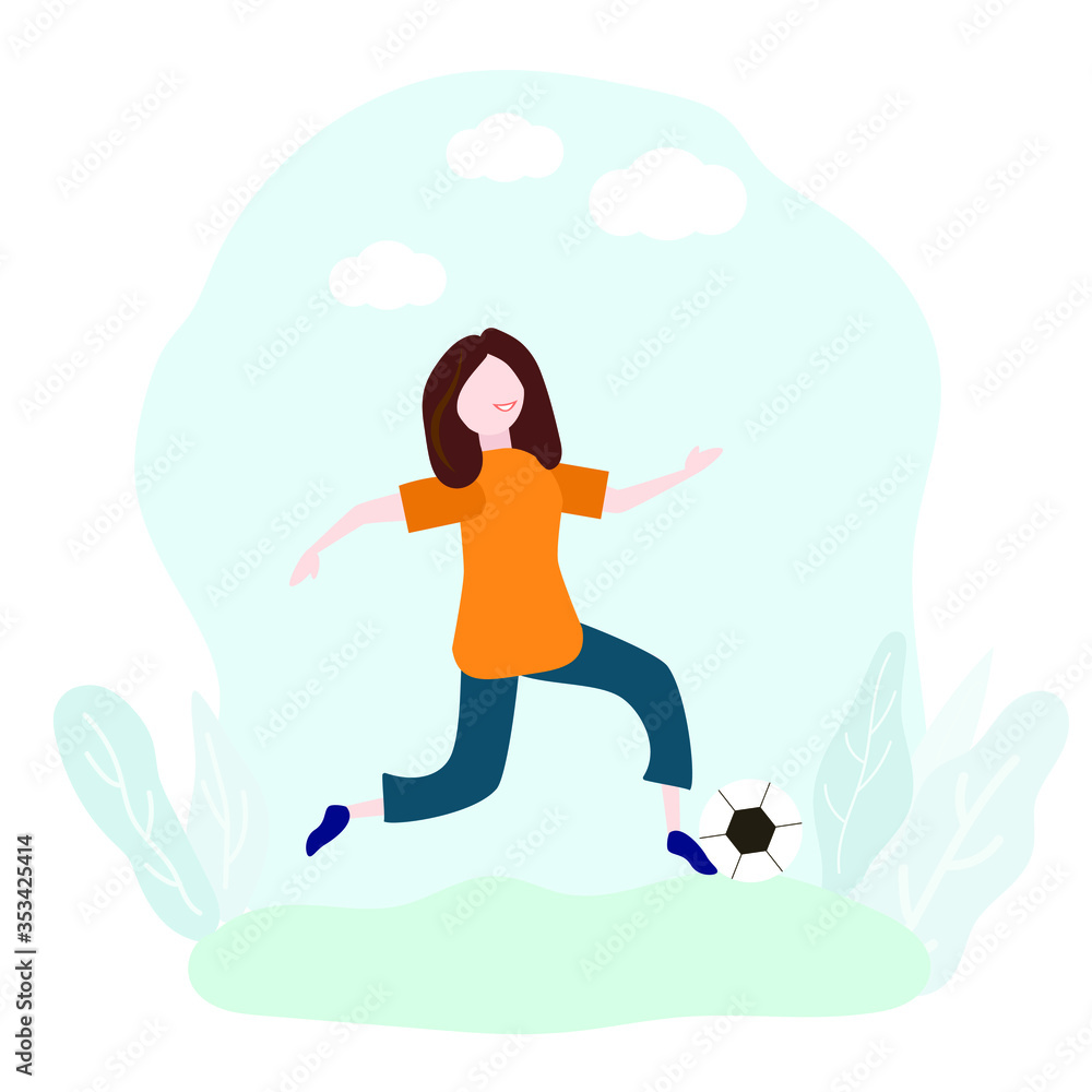 The girl is playing soccer. Vector illustration.