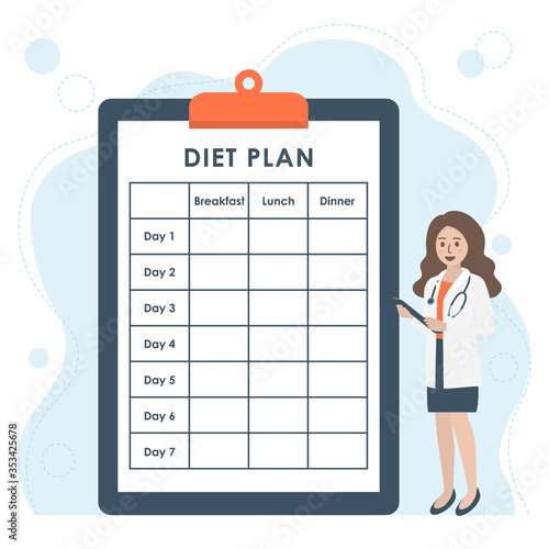 Female nutritionist doctor in white uniform with stethoscope and medical record, clipboard with blank diet planner. Nutrition consultation, meal plan and weight loss concept. Flat vector illustration.