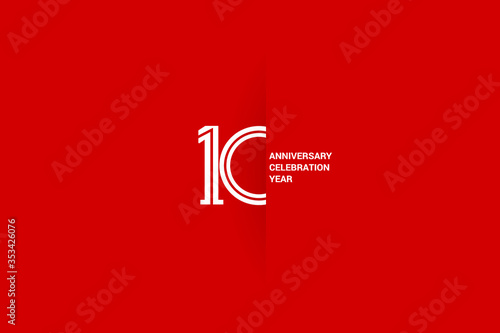10 years anniversary, minimalist logo jubilee, greeting card. Birthday invitation. White space vector illustration on Red background - Vector