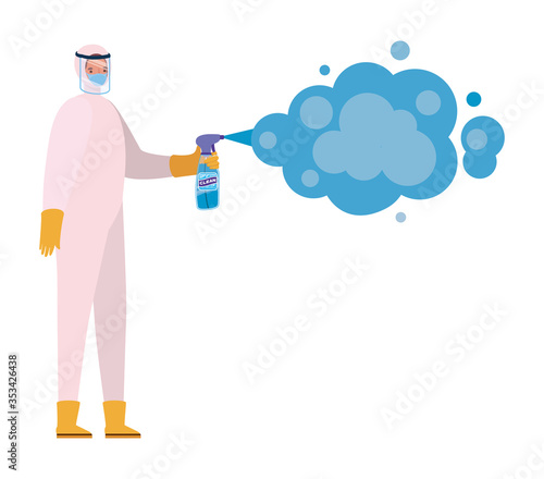 Man with protective suit holding pulverizer spray bottle with smoke vector design