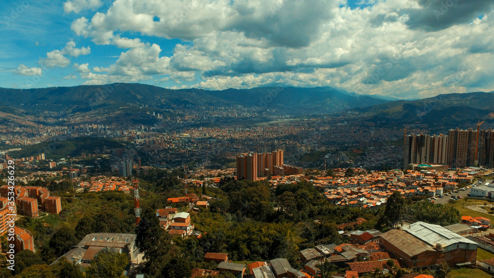 Panoramic view of the city of Medellin from the mountains of the west, Medellin, Antioquia, Colombia.