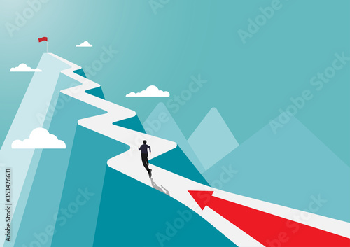Businessman running to the success flag
