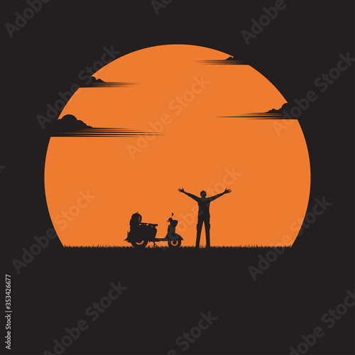 Man and motorbike of sunset background