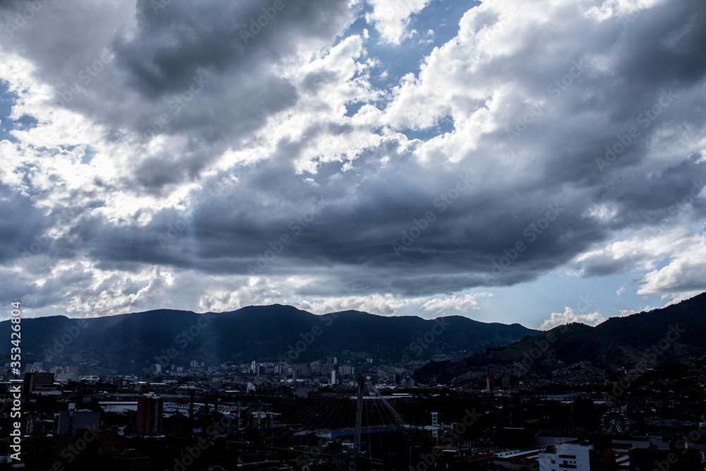 Panoramic view of the city of Medellin from the southern mountains at sunset, Medellin, Antioquia, Colombia.