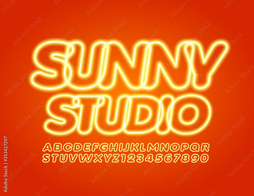 Vector glowing text Sunny Studio with Yellow Electric Font. Neon Alphabet Letters and Numbers