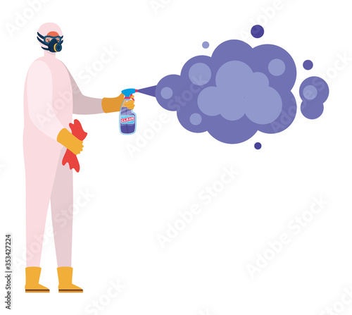 Man with protective suit holding pulverizer spray bottle with smoke vector design