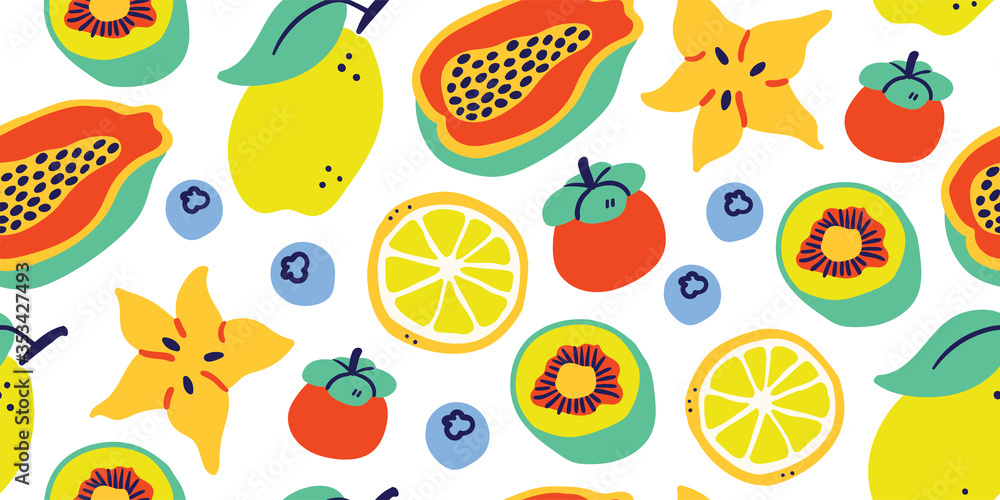 Vector seamless pattern with tropical fruits white