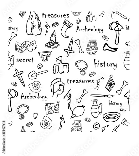 Doodle archeology  history seamless pattern in black and white colours stock vector illustration. Education  explore  research idea. Grunge hand drawn elements.